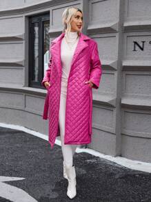 SHEIN LUNE Winter Clothes Casual Solid Color Diamond Pattern PU Leather Long Sleeve Padded Padded Coat - Hot Pink - View 6