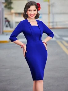 MUXXN Solid Square Neck Bodycon Dress - Royal Blue - View 6