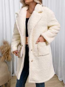 Flirla Plus Dual Pocket Drop Shoulder Teddy Coat - Beige - View 3