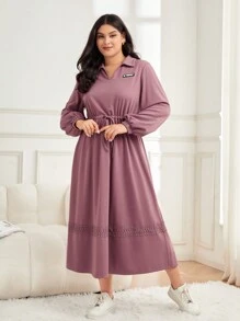 Mulvari Hơn Chi tiết Patched thư Tay áo lồng đèn Eo dây rút Đầm - Hồng - Xem 1