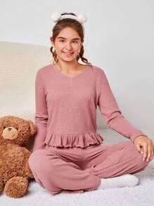 SHEIN 青少年女孩荷葉邊T恤和褲子睡衣套裝 - 粉色 - 查看 1