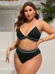 SHEIN Swim Curve Summer Beach Plus Contrast Binding Bikini Set - Black - View 5