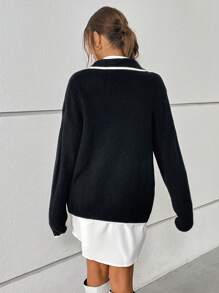 SHEIN Essnce 雙口袋落肩袖拉鏈開襟開襟衫 - 黑與白 - 查看 4