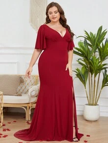 Vestido de manga mariposa de muslo con abertura de gasa - Burdeos - Ver 3