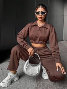 EURMUSE Drop Shoulder Crop Sweatshirt & Sweatpants - Brown - View 1