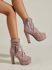 Women's High Heel Platform Booties - Pink - View 1