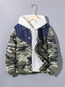 SHEIN Chico preadolescente Cazadora mezclilla con estampado de camuflaje sin capucha - Verde militar - Ver 1