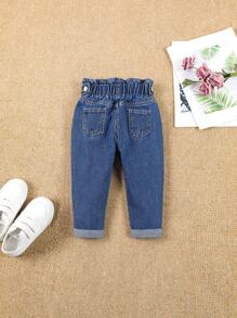 Baby Girl Casual Washed Denim Jeans With Paper Bag Waist & Tapered Leg - Dark Wash - View 2