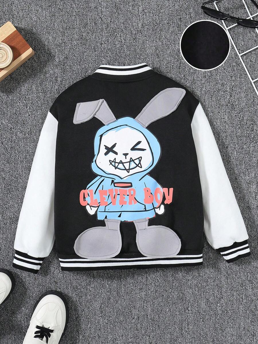 SHEIN 男小童卡通和字母圖案條紋飾邊學院風夾克 - 黑色 - 查看 1