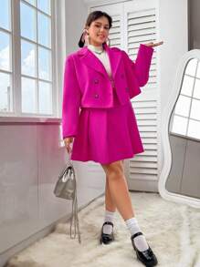 SHEIN EZwear Plus Double Breasted Blazer & Fold Pleated Skirt - Hot Pink - View 7