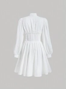 SHEIN MOD Đường viền lỗ khóa Tay áo lồng đèn Eo Ruched Đầm - trắng - Xem 2