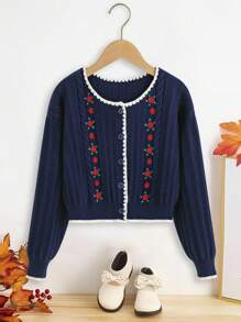 SHEIN Tween Girl Floral Embroidery Cable Knit Drop Shoulder Cardigan - Navy Blue - View 1