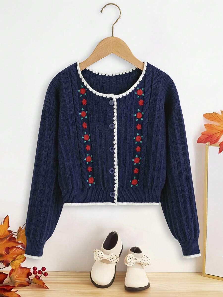 SHEIN Tween Girl Floral Embroidery Cable Knit Drop Shoulder Cardigan - Navy Blue - View 1