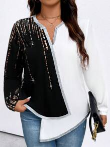 SHEIN Clasi 大碼織帶拼接不對稱下擺缺口領襯衫 - 黑與白 - 查看 3