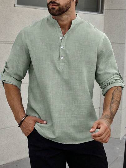 Manfinity Homme Men Button Front Roll Tab Sleeve Shirt, Fall