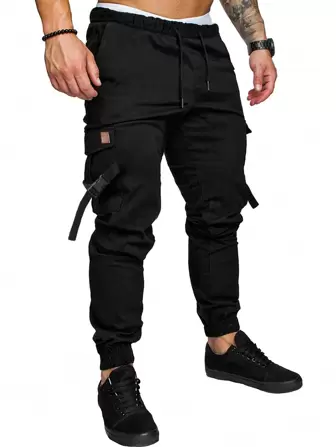Manfinity Homme Pantalon cargo pour hommes avec poche rabattable, boucle et cordon de serrage à la taille, pour l'automne