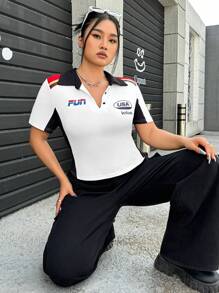 SHEIN EZwear 大碼字母圖案拼接領T恤 - 白色 - 查看 5
