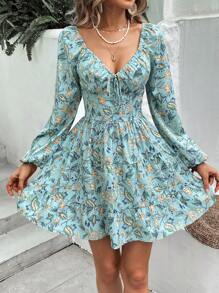 SHEIN VCAY Floral Print Knot Front Lantern Sleeve Ruffle Hem Dress - Green - View 1