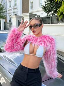 SHEIN ICON 1pc Super Crop Fuzzy Coat - Pink - View 1