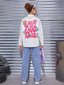 SHEIN Teen Girl Slogan & Floral Graphic Drop Shoulder Shirt - White - View 2