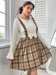 SHEIN EZwear 女性大碼格紋荷葉邊帶洋裝 - 卡其色 - 查看 6