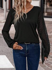 SHEIN Clasi Button Back Bishop Sleeve Top - Black - View 5