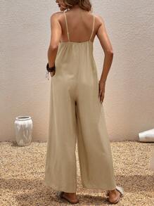Breezaya Solid Slant Pocket Ruched Detail Cami Jumpsuit - Apricot - View 2