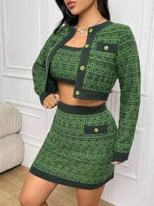 SHEIN Unity Crop Knit Top & Button Front Cardigan & Knit Skirt - Green - View 6