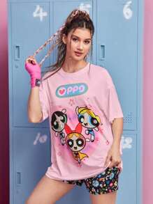 The Powerpuff Girls | ROMWE Cartoon Graphic Drop Shoulder Oversized Tee, School - Pink - View 3