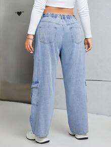 SHEIN ICON Hơn Cao eo Túi có nắp Quần jean - Rửa nhẹ - Xem 2