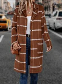 SHEIN LUNE Plaid Print Drop Shoulder Pocket Patched Overcoat - Redwood - View 4