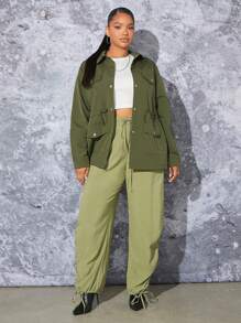 SHEIN SXY Plus Flap Pocket Drawstring Waist Flap Pocket Coat - Army Green - View 6