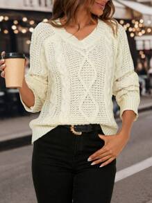 SHEIN LUNE Suéter de punto con mangas raglán y botones en la espalda para otoño e invierno - Beis - Ver 2