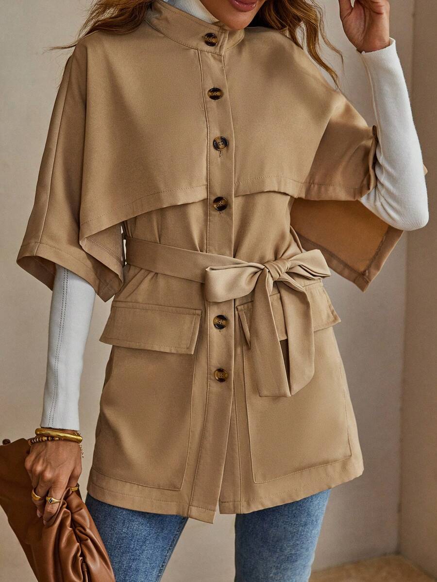 SHEIN LUNE 斗篷袖腰帶風衣外套 - 卡其色 - 查看 1