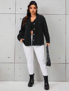 SHEIN EZwear 大碼翻蓋口袋毛邊牛仔夾克 - 黑色 - 查看 6