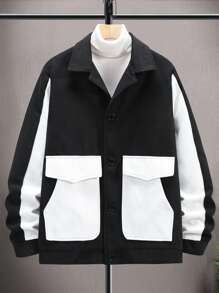 Manfinity Homme Manteau Pour Homme À Deux Tons Ample Sans Pull, Avec Poches À Rabat - Noir - Voir 1