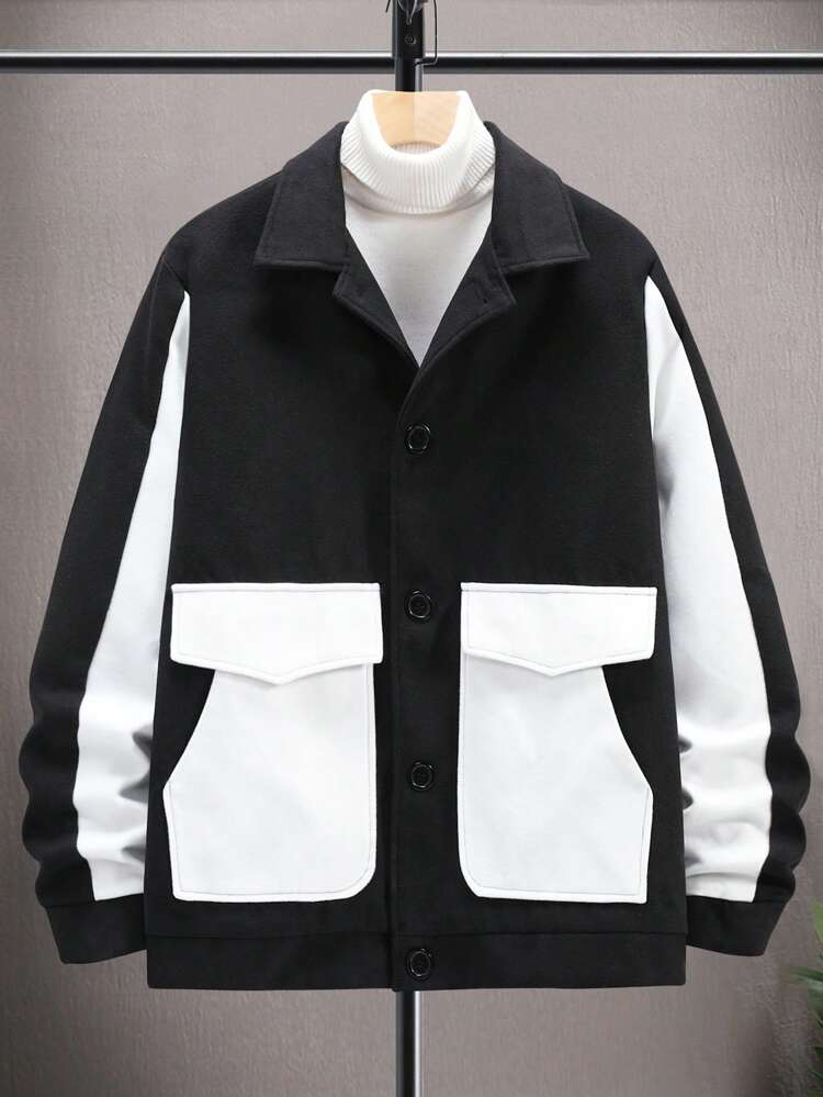 Loose Fit Men's Two-Tone Overcoat Without Sweater, With Flap Pockets