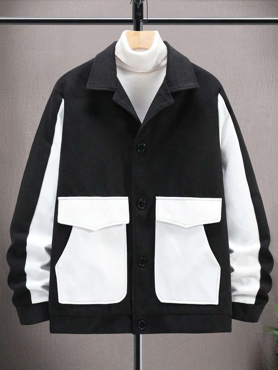 Manfinity Homme Manteau Pour Homme À Deux Tons Ample Sans Pull, Avec Poches À Rabat - Noir - Voir 1