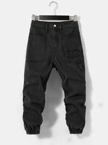 SHEIN Tween Boys Flap Pocket Cargo Jeans - Black - View 1