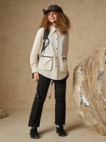 In My Nature Zip Detail Patched Pocket Drop Shoulder Oversized Outdoor Shirt - Beige - View 4