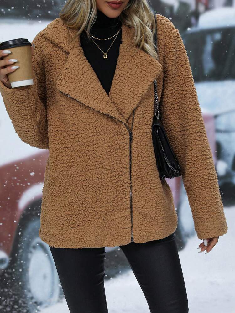 Asymmetrical Zip Up Teddy Coat Fall Cloth For Women