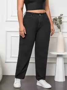SHEIN Cottnline 大碼高腰媽媽牛仔褲 - 黑色 - 查看 1