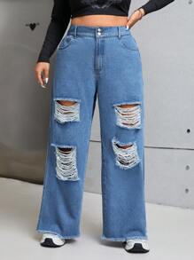 SHEIN ICON Plus Ripped Split Thigh Wide Leg Jeans - Medium Wash - View 5