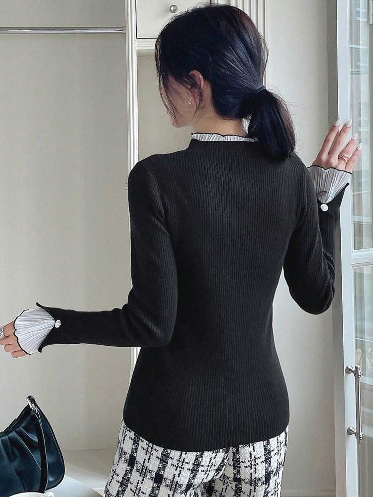 Mock Neck Lettuce Trim Flounce Sleeve Sweater