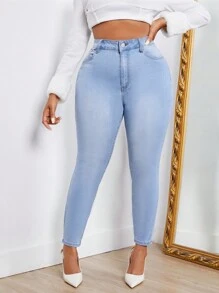 SHEIN SXY Plus High Waist Skinny Jeans - Light Wash - View 3