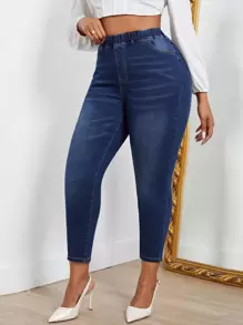 SHEIN EZwear Hơn Eo đàn hồi Quần jean ôm - Rửa trung bình - Xem 6