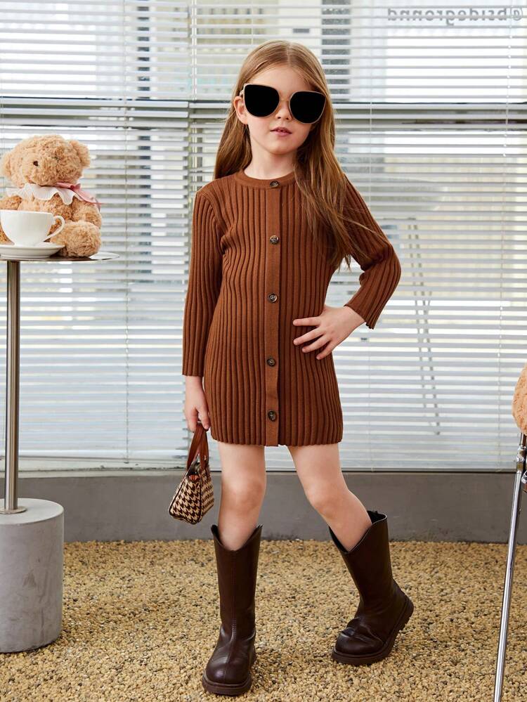 Young Girl Button Front Ribbed Knit Sweater Dress
