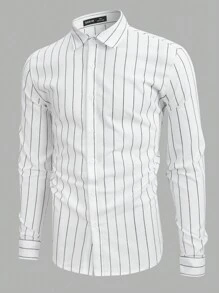 GENTILAND Camisa casual de manga larga con estampado de rayas de corte holgado para hombres - Blanco y Negro - Ver 1