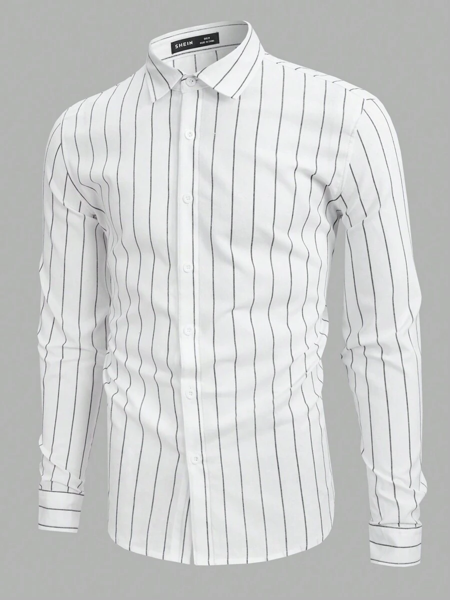 GENTILAND Camisa casual de manga larga con estampado de rayas de corte holgado para hombres - Blanco y Negro - Ver 1