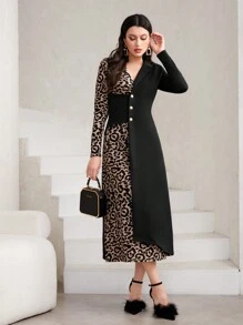 Modelyn Leopard Print Button Front Dress Maxi Women Outfit Long Evening Dresses - Black - View 5